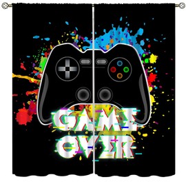 Yoakiet Gamer Curtains, Fun Colorful Graffiti Art Gamepad Neon Controller Print Rod Pocket Window Treatments Drapes for Boys Girls Teens Bedroom Living Room Playroom Decor 42x45in