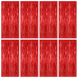 8 Pack Red Backdrop, 3.28 FT x 7.05 FT Streamer Party Decorations, Metallic Foil Fringe Curtains Party Streamer Photo Booth Backdrop, Red Tinsel Canival Theme Party Decor for Engagement Birthday