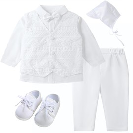 Booulfi Baby Boy's 5 Pcs Set Christening Baptism Outfits 3-6 Months White