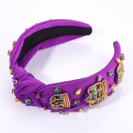 boderier Mardi Gras Headband Beaded Sequins Crown Jeweled Crystal Embellished Knotted Headband Carnival Festive Holiday Hair Accessories (Beaded Sequins Crown-Purple)