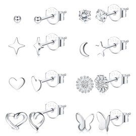 KRFY 8 Pairs Stud Earrings for Women Sterling Silver Small CZ Butterfly Moon Star Daisy Love Ball Hypoallergenic Plain Stud Earrings Tiny Cartilage Stud Earrings for Teen Girls