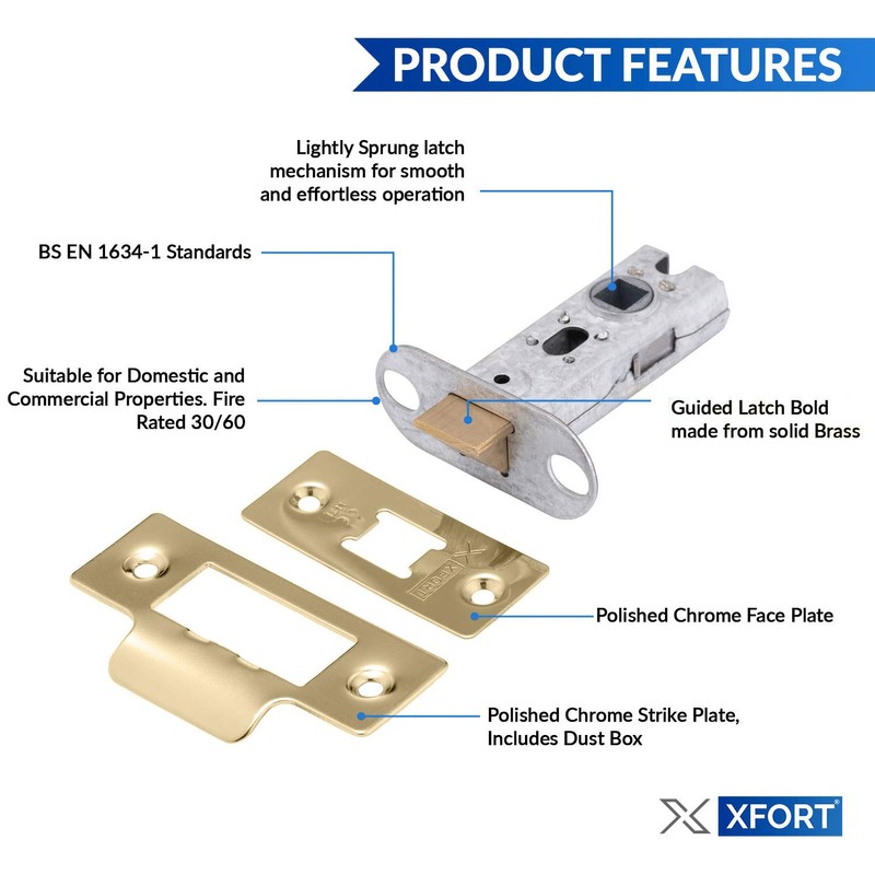 XFORT Tubular Latch, Polished Brass, Tubular Door Latch for Internal