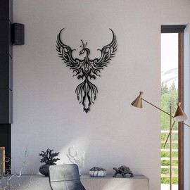 MAGICLULU Metal Phoenix Wall Art Outdoor 3D Black Iron Phoenix Shaped Wall Sculpture Hanging Decorations for Living Room