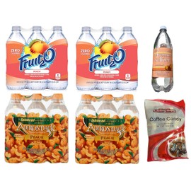 Fruit2O Zero Calorie Flavored Water Peach 16.9oz (12 bottles) + Adirondack Enhanced Water Peach Fruit Flavored Beverage 16.9oz (12 bottles) + Water Seltzer Peach Berry 1 Liter + Coffee Candy Market Basket 5oz