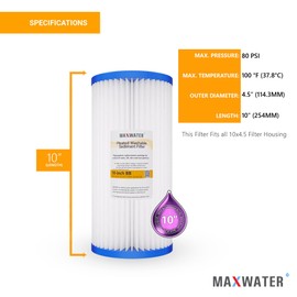 Max Water 5 Micron 10 x 4.5 Pleated Sediment Water Filter, Washable Replacement Cartridge for 10" BB Whole House Systems Compatible with R50-BBSA, FXHSC, WFHDC3001, W50PEHD, GXWH40L (12 Pack)