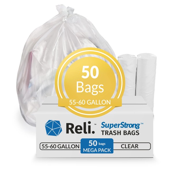Reli. SuperValue 55-60 Gallon Trash Bags | 50 Count | Made in USA | Heavy Duty | Clear Multi-Use Garbage Bags