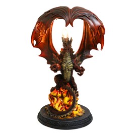 Ebros Gift Fantasy Red Hell Fire Flame Volcano Dragon Table Lamp with Towering Canopy Wings Statue 15" Tall Fantasy Warlords Dragons and Dungeons Desktop Light Decor