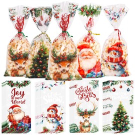 KIMOBER 200pcs Christmas Candy Treat Bags,Assorted Cartoon Cellophane Goodies Bags Clear Cello Gift Bags with Twist Ties for Xmas Party Favor Supplies