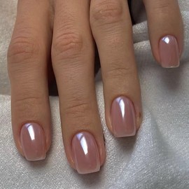 Short Fake Nails，Glue On Nails Short， Short Nails Press on, Chrome Press on Nails Short Square Acrylic False Nails with Glossy Press ons Designs Artificial Nails Stick on Nails for Women 24Pcs