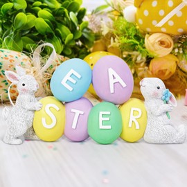 Fribtest Easter Bunny Figurines with Easter Eggs - Vintage Easter Rabbit Decor, Easter Home Decor, Easter Gifts, Bunny Figurines for Home and Office Decor, Easter Bunnies Collection