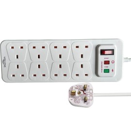 ShaniTech 8 Gang Way 1m Surge Protected Power Extension Lead Switched Power Strip