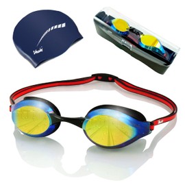 ARiety Professional Swimming Goggles with Swimming Cap in Triathlon Set - Competition Swimming Goggles for Training or Leisure - Anti-Fog - 100% UV Protection - Mirrored Lenses