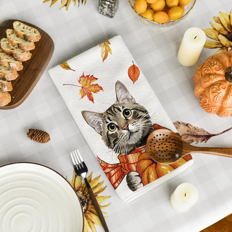 Artoid Mode Cat Leaves Hello Pumpkin Autumn Dish Towels 42x65