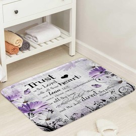 YDIDIAN Bible Verse Inspirational Quote Bath Mat, Purple Floral Daisy Trust in The Lord Bath Rug for Bathroom, Rustic Farmhouse Butterfly Kitchen Bath Mat Soft Non Slip Bath Rugs 17X29IN