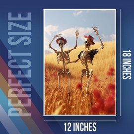 Happy Skeletons Dancing In A Field Poster - Vibrant Blissful Joyous Wheatfield Scene Poster - 12 x 18 Inch Unframed Poster - Premium Poster On 100lb Gloss Paper - Printed In The USA FHJP1154