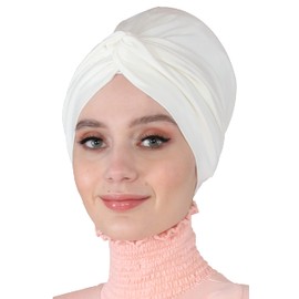 Aisha's Design Instant Turban Head Wraps for Women, 95% Cotton Hijab Scarf Ready to Wear, Pretied Chemo Headwear, Ivory