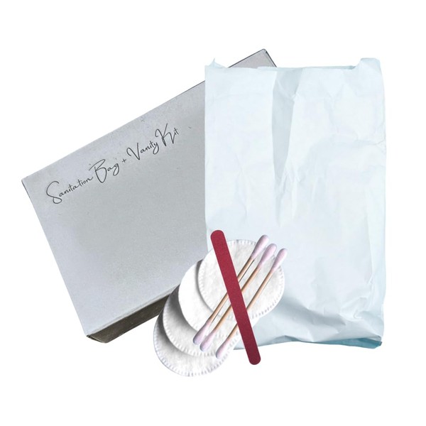 White Plastic Sanitation Bags + Hotel Depot Vanity Kit: (Bamboo