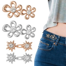 YQQYG 4 Sets Flower Jean Waist Tightener Clips, Rhinestone Star Pant Waistband Tightener, No Sewing Jeans Waist Adjuster Clips for Loose Pants Jeans Skirts