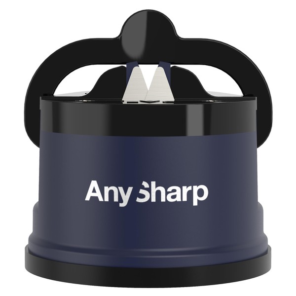 AnySharp Knife Sharpener, Hands-Free Safety, PowerGrip Suction, Safely Sharpens All Kitchen Knives, Ideal for Hardened Steel & Serrated, World's Best, Compact, One Size, Navy Blue