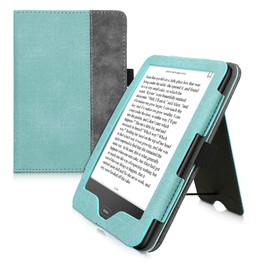 kwmobile Case Compatible with Tolino Vision 1/2 / 3/4 HD Case - Flip Case with Hand Strap - Faux Leather Cover - Mint Green Dark Grey