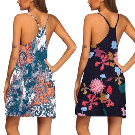 Ekouaer Womens V Neck Sleeveless Chemise Nightgown 2 Pack Sleepwear Full Slip Night Dress Green Ethnic & Black Flower M