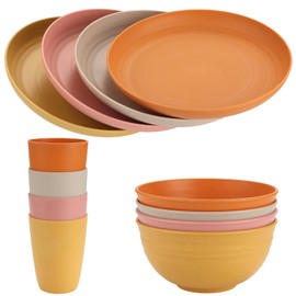 FUNYKICH 12-Piece Camping Crockery Set for 4 People, Lightweight & Unbreakable & Stackable Plastic Tableware Picnic with Plate, Bowl, Cups, Reusable Crockery Sets for Outdoor, Picnic, Camping