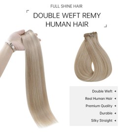 Full Shine Weft Hair Straight Remy Human Hair Weft 22 Inch Color 18 Ash Blonde and 613 Bleach Blonde Real Hair Bundles Double Weft Hair Extensions 100 Grams Weave Sew in