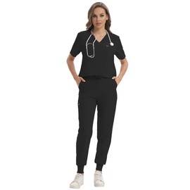 GGEH Scrub for Women Set Classic V-neck Top & Jogger Scrub Pants Medical Uniform Suit with 9 Pockets