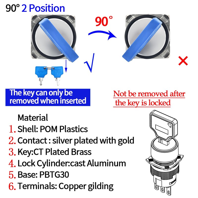 2 Pcs 16mm 5/8" SPDT Round Terminal Key Lock Switch,