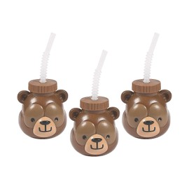 Fun Express Set of 8 Pieces Woodland Party Bear Shaped Cups with Lids, Holds 14 oz, BPA Free Plastic, Birthday Party Supplies, Multi-Color