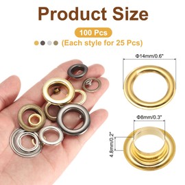 sourcing map 100 Set Copper Grommets Eyelets, 5/16"(8mm) Grommets Eyelets with Washers Grommets Kit Copper Eyelets for Belts, Shoes, Clothes, Bead Cores, DIY Project (Gold/Silver/Grey/Bronze)