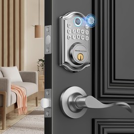 AkaGear DS10 Keyless Entry Door Lock with Handle - 2 Lever Handles, Fingerprint Door Lock, Keypad Deadbolt, 2 Keys, Code, Smart Locks for Front Door, Auto-Lock, Easy Installation - Satin Nickel