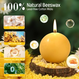 3 in Beeswax Ball Pillar Candles,Non Toxic Natural Beeswax Candles,1 Pcs Round Ball Candle for Christmas Party,Weddings,Home Decorative 30 H Long Burning for Emergency