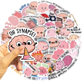 Funny Brain Stickers for Kids Teens Adults, 50PCS Cute Cartoon Brain Sticker Bulk,Vinyl Waterproof Mental Stickers for Water Bottle,Laptop,Phone,Scrapbook,Body Organ Biology Decals (Pink)