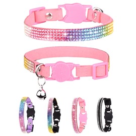 Petank Breakaway Cat Collars for Girl Cats, Bling Kitten Collar with Bell, Cute Cat Collar with Bells, Pink Cat Collar, Rhinestone Cat Collar. (Pink)