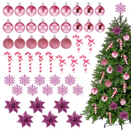Harrycle 50 Pcs Christmas Tree Decorations Christmas Baubles Small Ball Ornaments Artificial Glitter Snowflake Decorative Poinsettia Flowers Candy Cane for Xmas Tree Topper Outdoor Home (Pink)