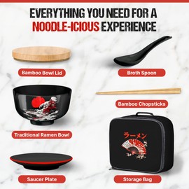 Japanese Ramen Bowl Set of 1-5 Pcs, 32 Oz Ceramic Large Ramen Bowl with Chopsticks & Spoons, Pho Bowls, Asian Soup Bowls with Chopstick Holder, Noodles, Rice, Udon, Thai, Chinese, Korean, 6.5 inch