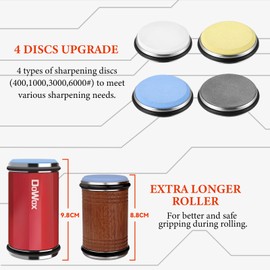 DOWOX Longer Rolling Knife Sharpener with Leather Strop, Upgraded Rolling Knife Sharpening with 4 Degree Angle and 4PCS Replaceable Honing Discs, Easy to Sharpen Ktichen Knives, Red