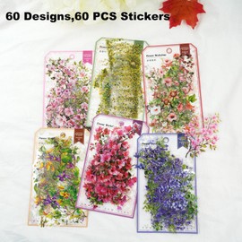 AuriicLeaf Floral Vine PET Stickers – 60PCS Vintage Botanical Design, Waterproof & Pre-Cut, Large Size for Journals, Junk Journals, Scrapbooking, and Craft