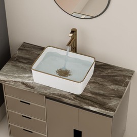 16 Inch Bathroom Vessel Sink - GHOMEG White Bathroom Sink Ceramic with Gold Rim 16x12 inch Above Counter Vanity Top Washing Basin
