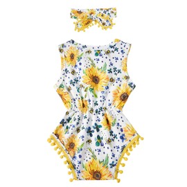 Leapparel Sunflower Summer Playsuit with Headband 3D Rompers Toddler Girls Sleeveless Jumpsuit Comfy Infant Girls Funny Playsuit Set 12-18 Months