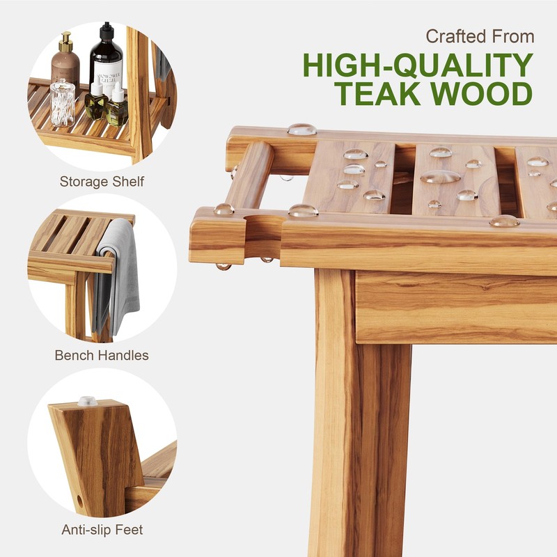 Jekruiet 24" Solid Teak Shower Bench with Towel Bar &