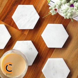 Camp County Beyond Coasters for Drinks - Set of 6 Modern Coasters - 4" Wide Drink Coasters - Made from Real Solid Marble White Marble Coasters Hexagon Shape