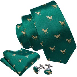 Barry.Wang Fun Ties Dinosaur Necktie Set Handkerchief Cufflink Green