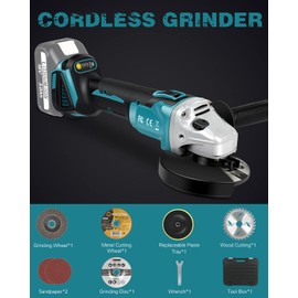Brushless Cordless Angle Grinder Powered Tool Kit [Battery Not Included, Compatible with 18V Battery] with Handle, Grinding Wheel, Cutting Wheel, Flap Disc and Carving Disc