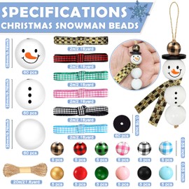 307 Pieces Christmas Snowman Wooden Beads Craft Project for Kids Natural Polished Wood Bead with Twine, Winter Christmas Tree Hanging Ornaments, Rustic DIY Garland Decoration for Home
