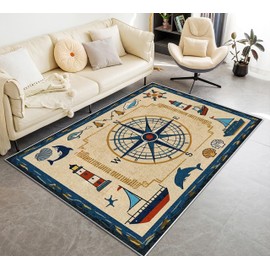 Alfombras clásico de brújula náutica de 2 x 3 pies, alfombra lavable con temática de navegación y aventura, alfombra antideslizante café para recámara, vela de ballena, graffiti para sala de estar