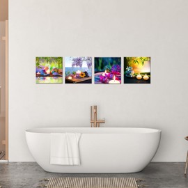 iHAPPYWALL Canvas Prints Zen Art Wall Decor Spa Massage Treatment Painting Picture Orchid Flower Frangipani Bamboo Flaming Candle Print On Canvas 4 Panel Ready to Hang 12''x12''x4pcs