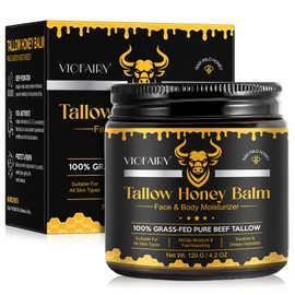 Tallow and Honey Balm for Face - Beef Tallow for Skin - 100% Organic Grass-Fed Beef Tallow & Raw Wild Honey -Moisturizing Cream for Soft, Smooth Skin- Light Scent, Moisturizing Natural Formula, 4.0 Oz