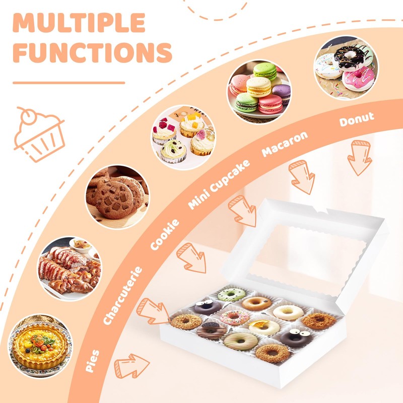 Dayacoco 30pcs Bakery Boxes with Window, 16x11x2.5 Inches, Donut Boxes,